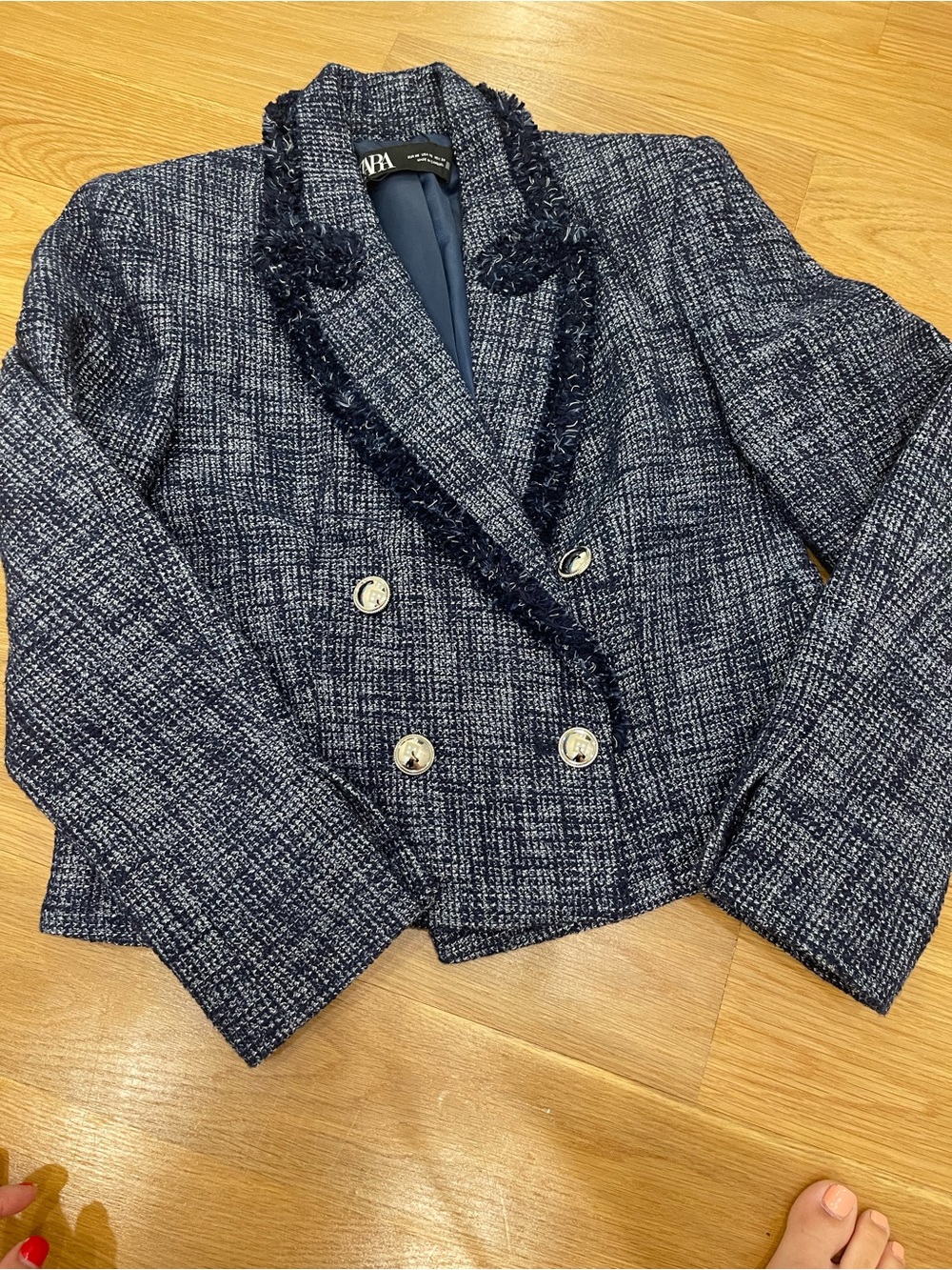 Zara Navy Tweed Double-Breasted Fringe Blazer